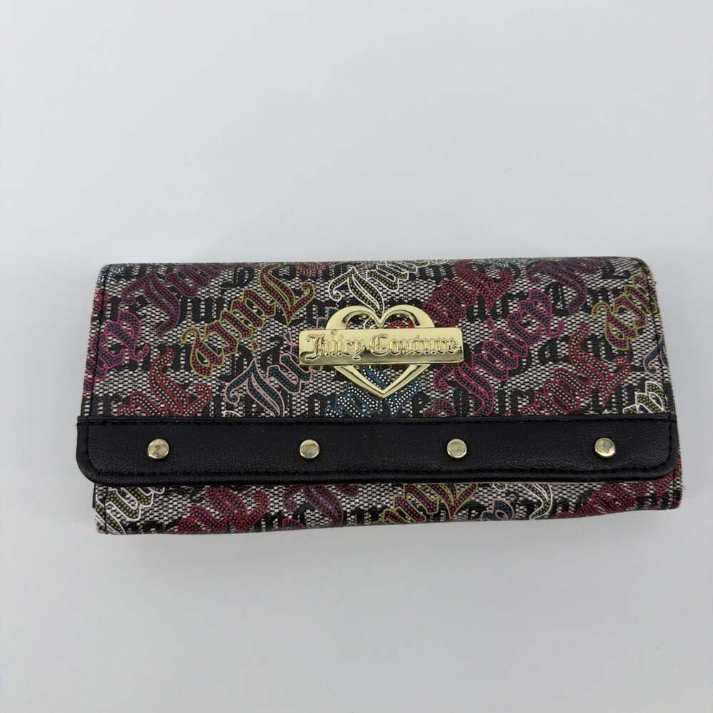 Juicy Couture Logo Print Flap Wallet Clutch Gold Accents Studded All Over Print